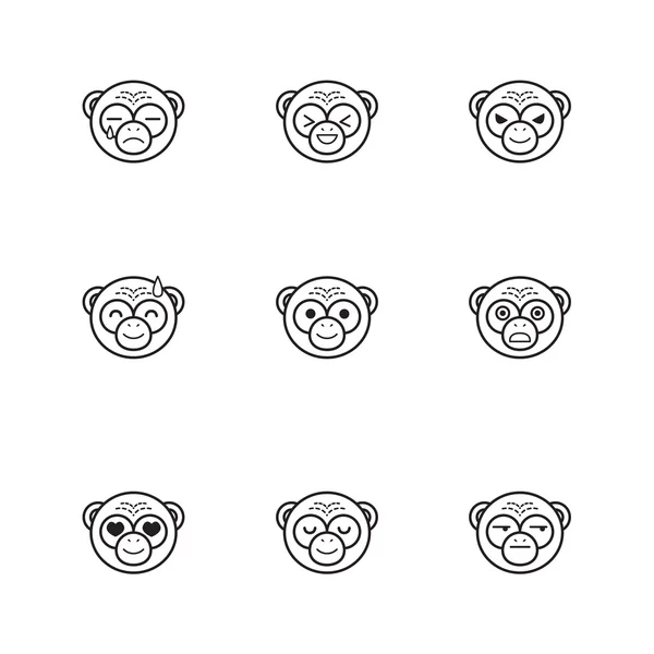 Vector trendy line style set of funny cartoon monkey faces — Stock Vector