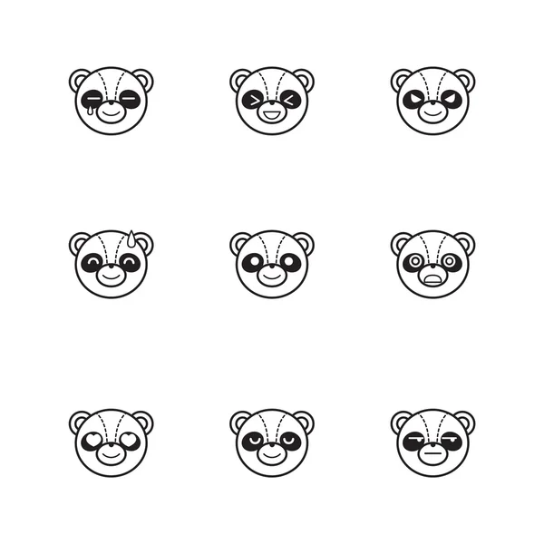 Gaya garis vektor trendi set kartun panda wajah lucu - Stok Vektor