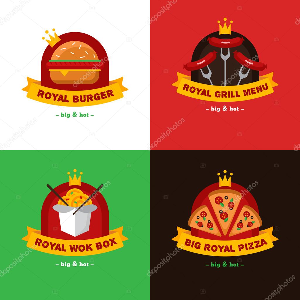 Vector set of bright royal food delivery and restaurant logos