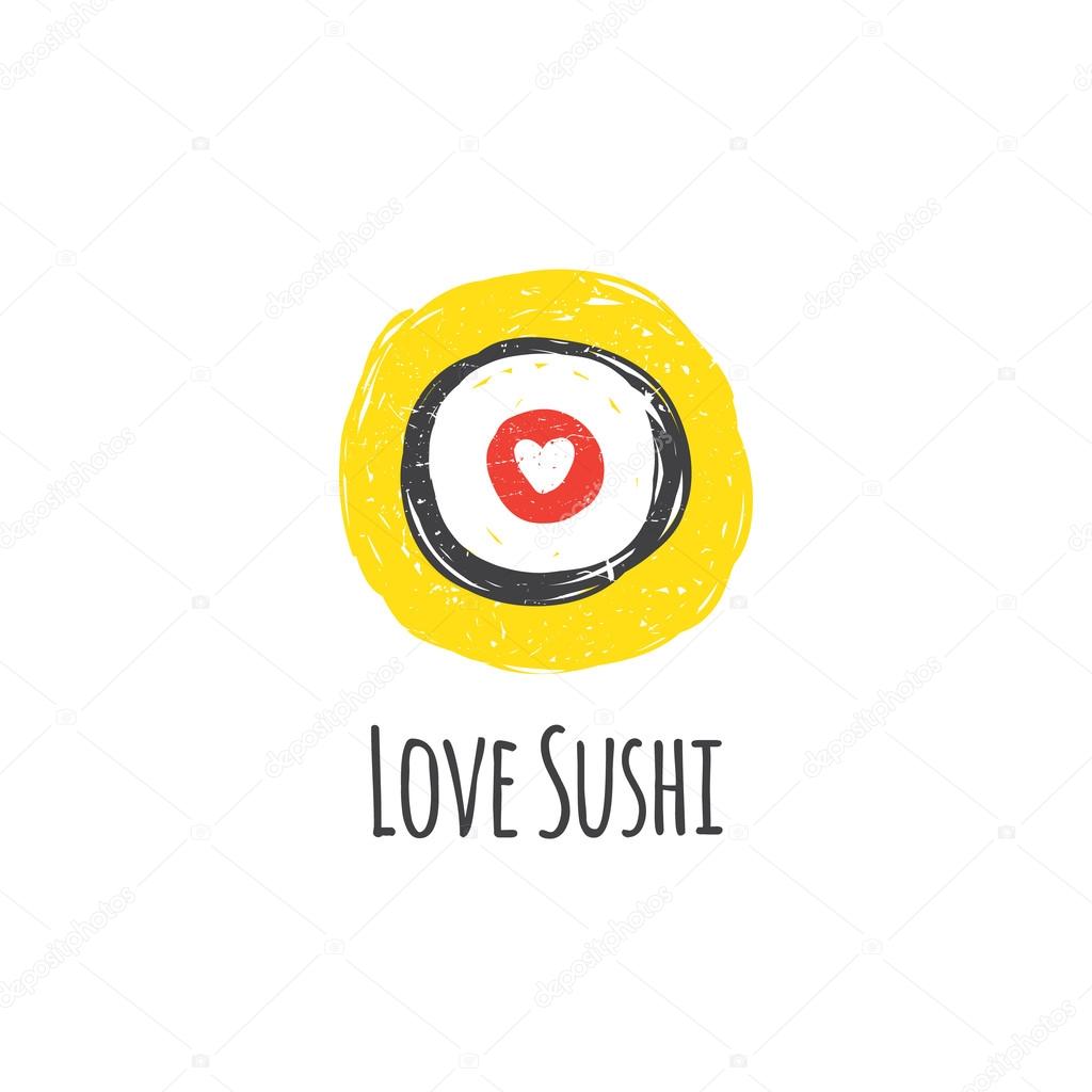 Vector trendy hand drawn doodle style logo. Creative sushi bar logotype with heart in sketch style.