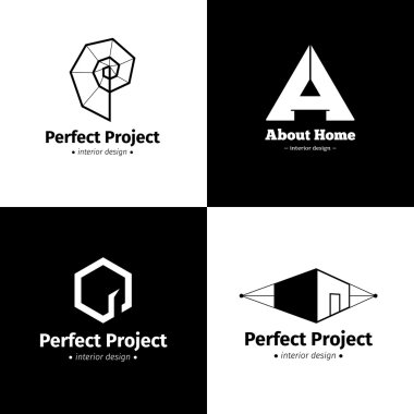 Dört modern minimalist iç tasarım stüdyo logoları vektör kümesi. Siyah ve beyaz yaratıcı Logotype