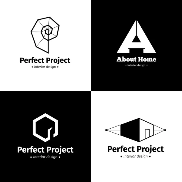 Vector set van vier moderne minimalistische interieur design studio logo's. Zwart-wit creatieve logo 's — Stockvector