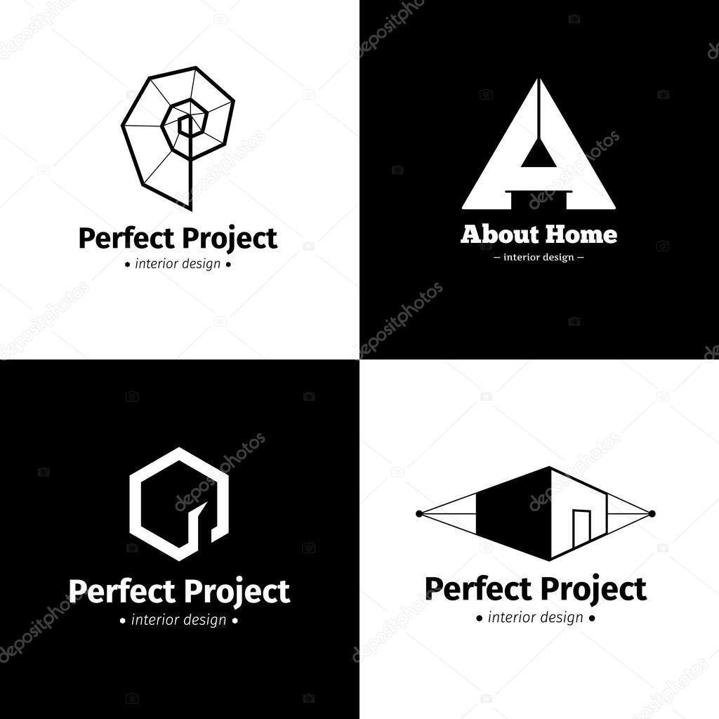 Vector set of four modern minimalistic interior design studio logos. Black and white creative logotypes