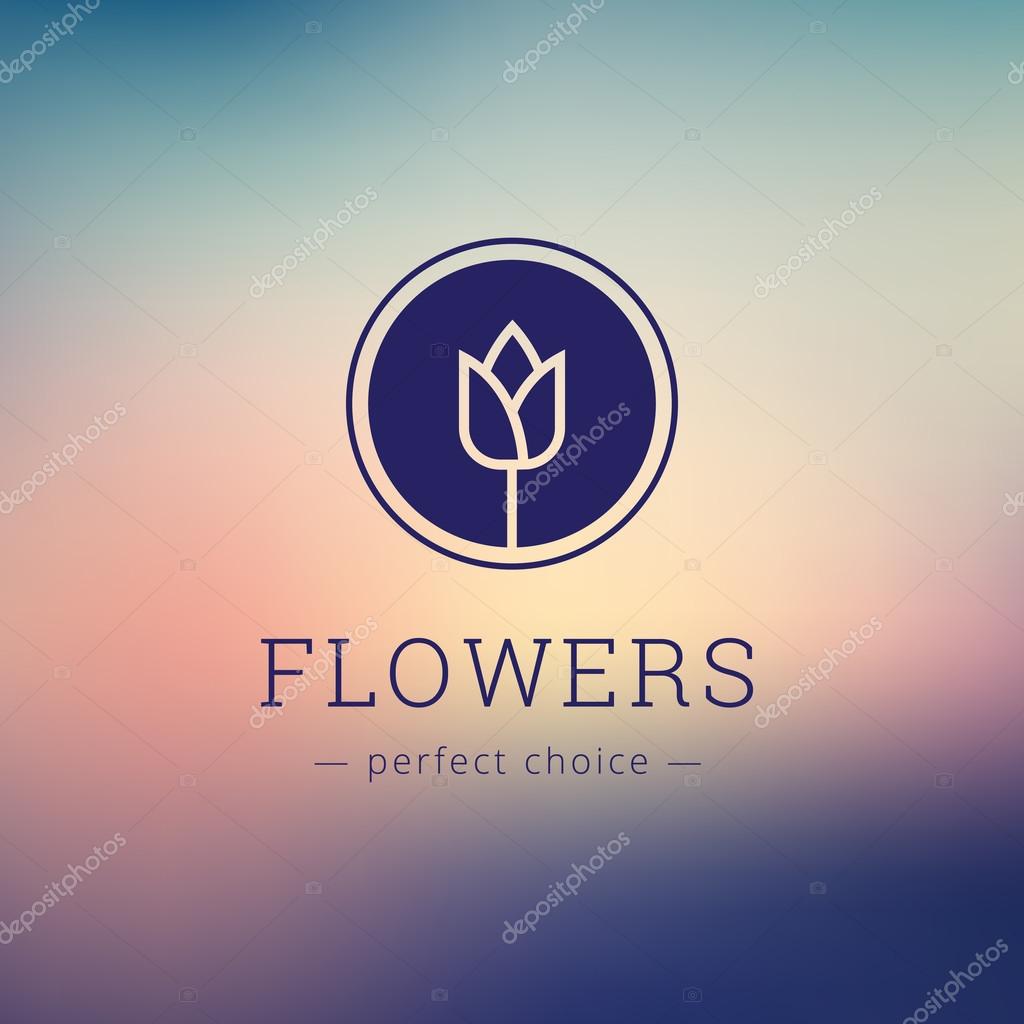 Vector elegant flower shop logo. Tulip brand sign on blurred background