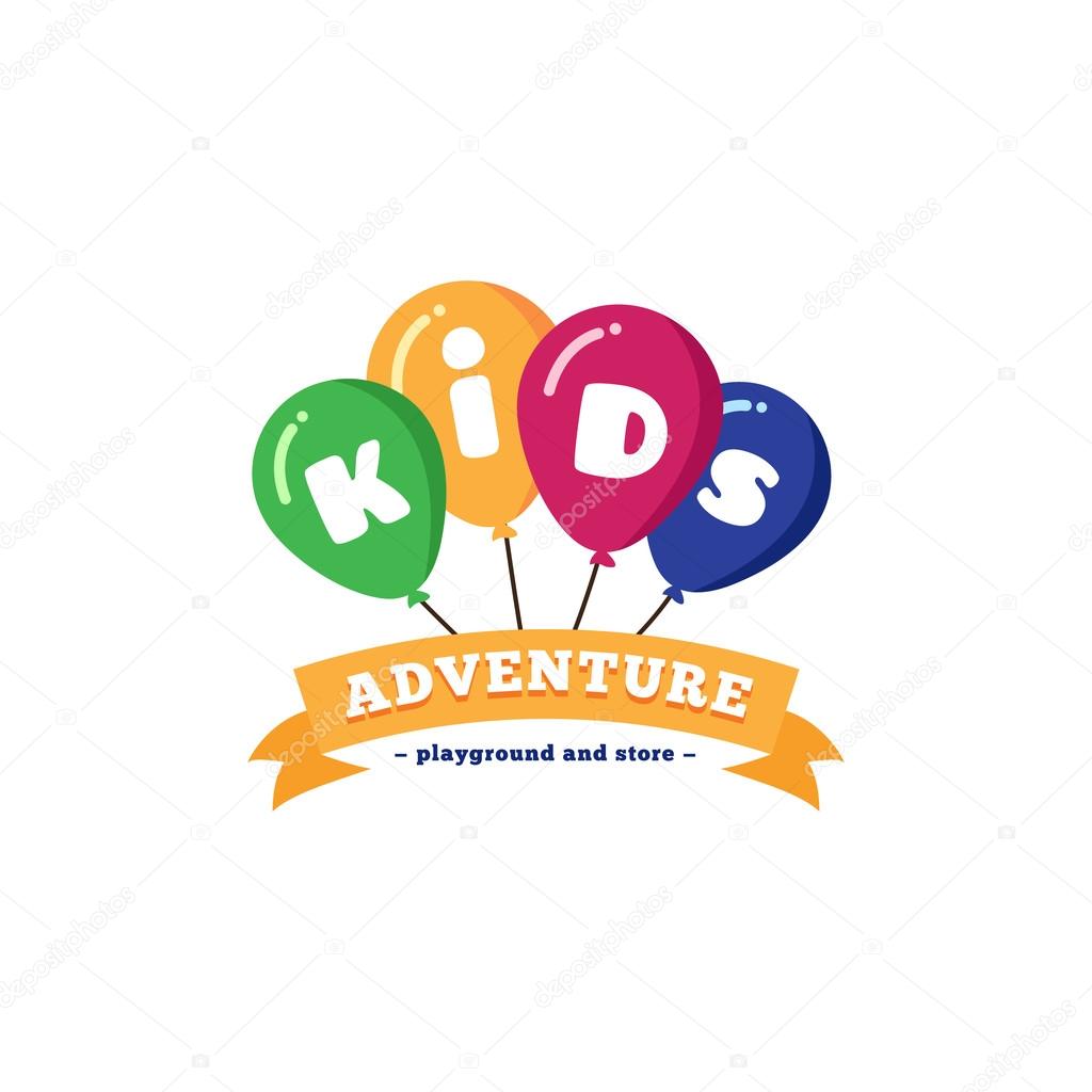 Vector bright kids playground logo with balloons and yellow ribbon