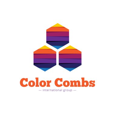 Vektör kağıt tarzı çok renkli altıgen logo. Düz çizgili tarak soyut sembolü