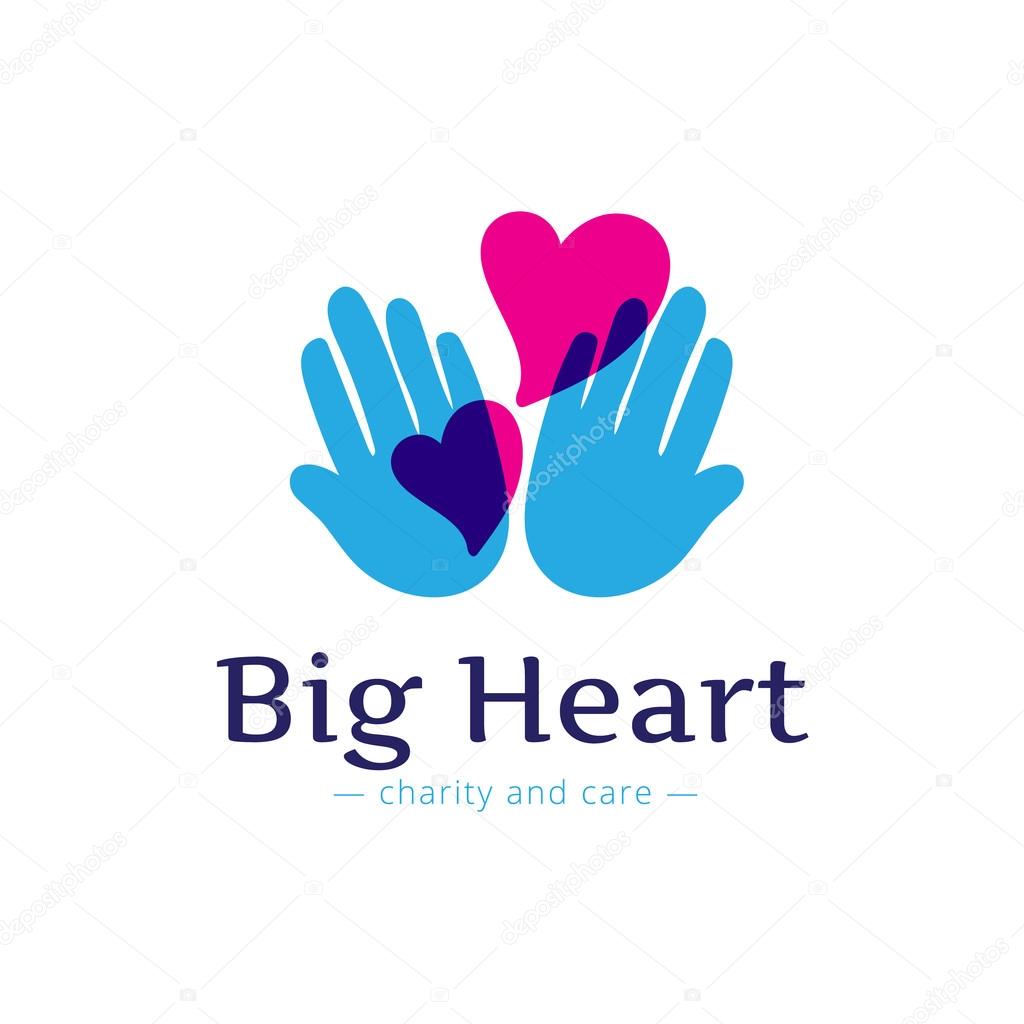 Vector trendy charity center logo. Hospital logotype with hands and heart