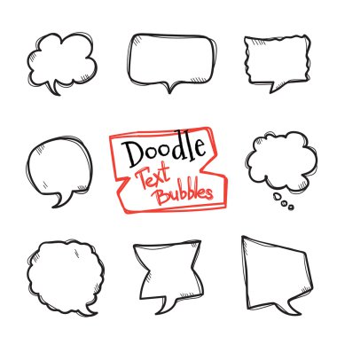 Vektör doodle stil metin kümesi kabarcıklar. Sohbet bulutlar topluluğu şirin el çekilmiş