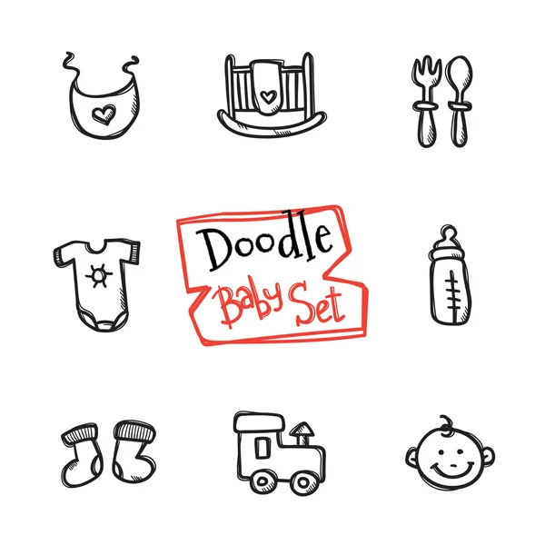 Vector doodle baby pictogrammen instellen. Schattig hand getekend collectie kids-objecten — Stockvector