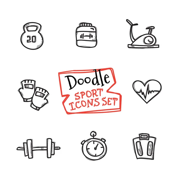 Vector doodle estilo linha ícones conjunto de esportes. Coleção desenhada à mão bonito de objetos esportivos — Vetor de Stock