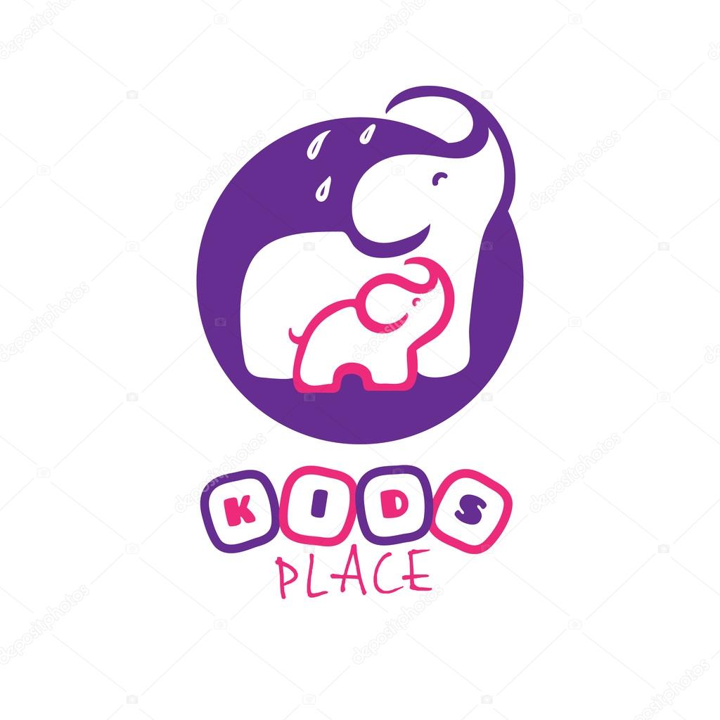 Vector cute cartoon elephant logo. Mother and baby elephants logotype