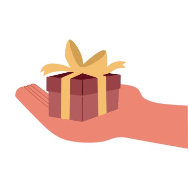 İnsanlar hediye kutusuyla el ele tutuşuyorlar. Hediye ya da hediye. Sarı kurdeleli kırmızı hediye kutusu. Düz tasarımda vektör illüstrasyonu. 