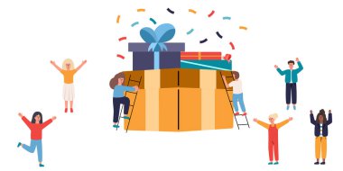 İnsanlar mutlu bir şekilde kutluyor ve merdivene tırmanıyorlar. Çizgi film tasarımında vektör çizimi. Kutlama yapan arkadaşların kavramsal karakteri. 