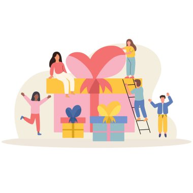 Mutlu arkadaşlar birbirleri ile doğum günü kutluyor. Mevcut kutular. İnsanlar partide hediye veriyorlar. Çizgi film tasarımında vektör çizimi. Tatil, Noel, Mutlu yıllar, bayram etkinliği. 