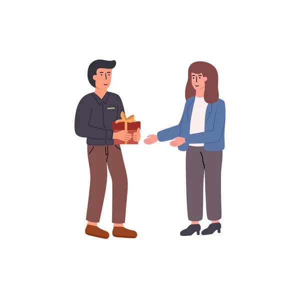 Hombre Mano Regalo Dar Chica Linda Día San Valentín Feliz — Vector de stock