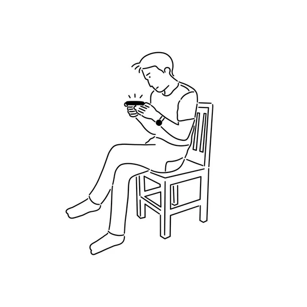一个男人坐在椅子上 双腿交叉 在电话里玩游戏 放松时间 度假时间 待在家里 矢量图解 免版税图库矢量图片