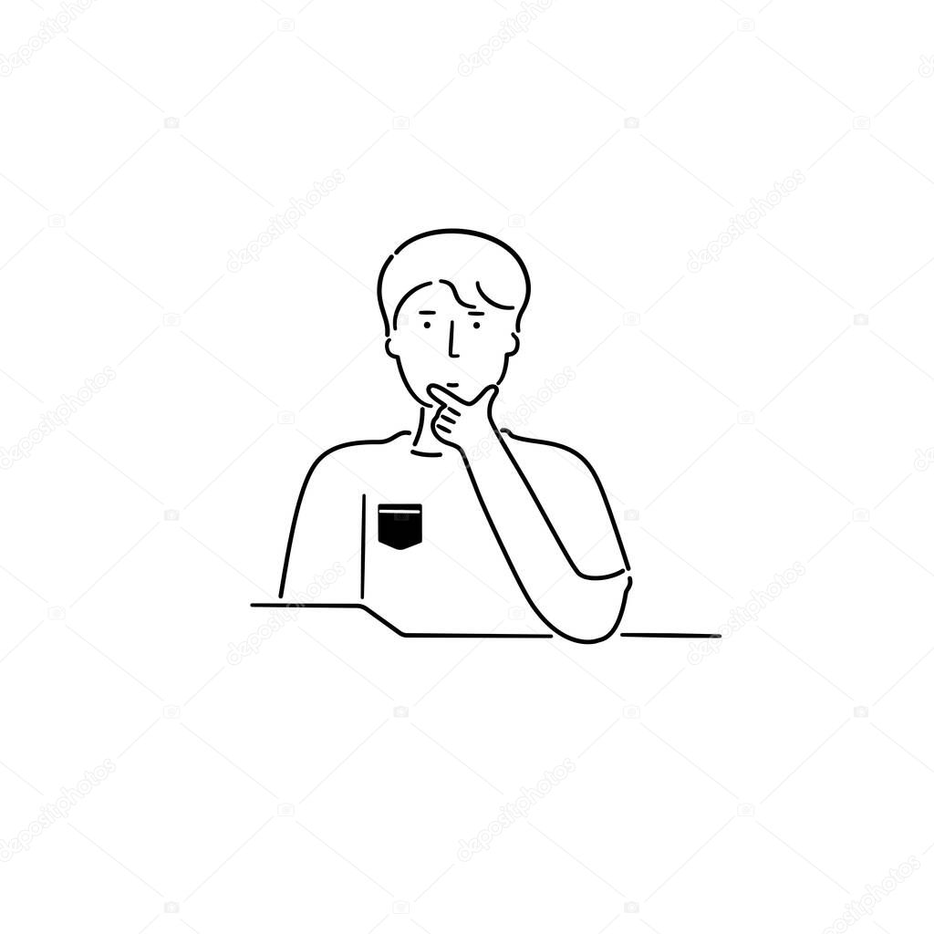 The man thinking on something and try to find a solution. Vector illustration in flat cartoon drawing line on white background. Thinking about question or solution concept. 