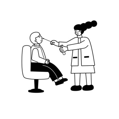 Coronavirüs (covid-19) konsepti Coronavirus numunesi için burun çubuğu alıyor. Çizgi film tasarımında vektör çizimi. Cerrahi yüz maskesi.