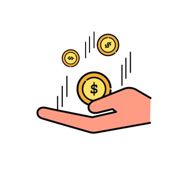 Eldeki ikona düşen altın sikkeler. Çizgi film tasarımında vektör çizimi. Dolar işaretli altın paralar. Büyüme, gelir, tasarruf, yatırım, iş. Bozuk para al. 