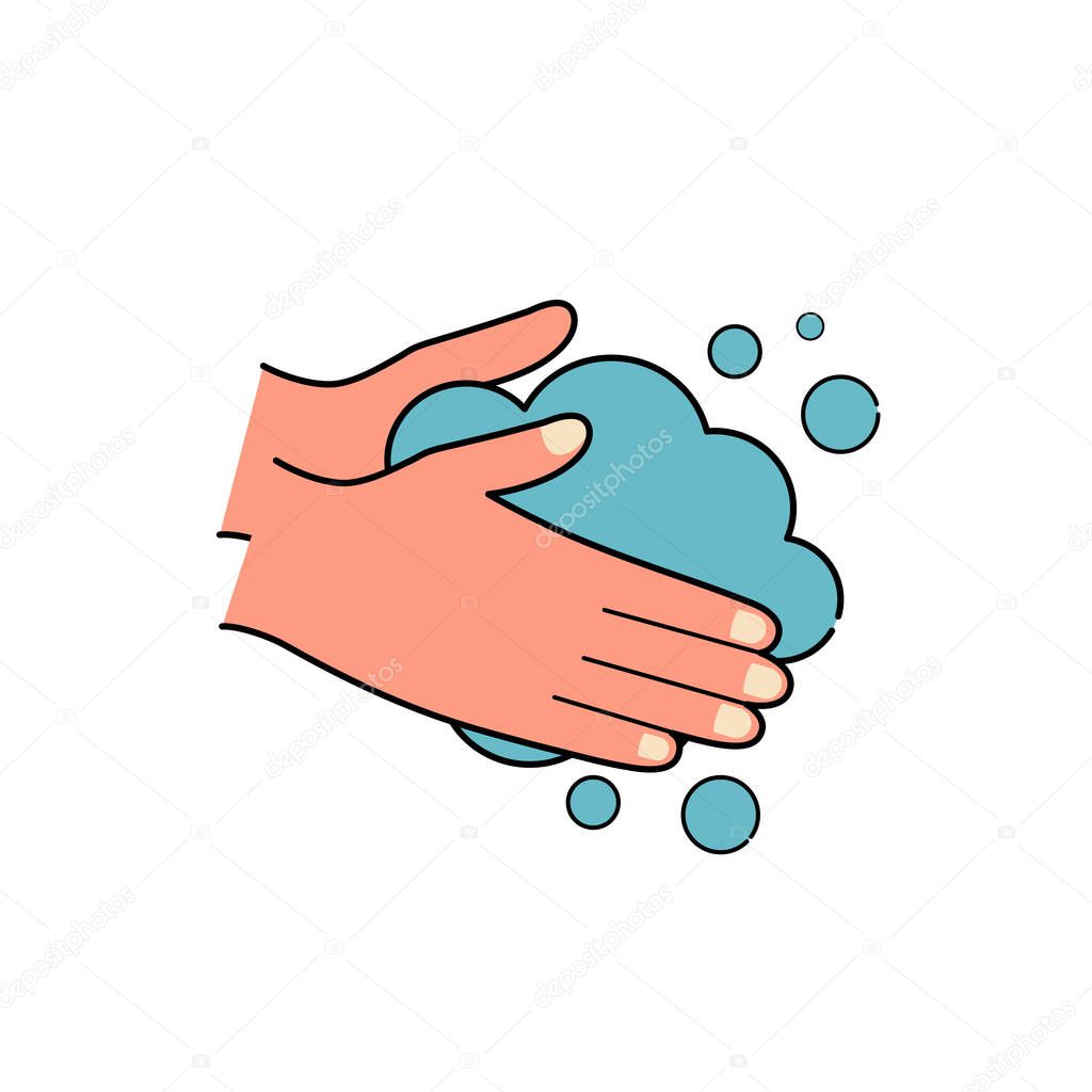 Lavarse las manos con jabón para prevenir la enfermedad del coronavirus  (covid-19). Icono aislado sobre fondo blanco. Ilustración vectorial en  diseño plano de dibujos animados. 2023