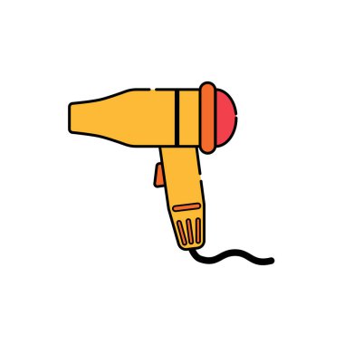 Saç kurutma makinesi beyaz arkaplanda izole edilmiş bir simge. Düz çizgi film tasarımında vektör illüstrasyonu. 