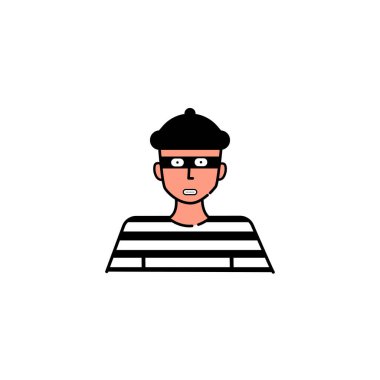 Siyah maskeli ve soyulmuş elbiseli soyguncu. Soyguncu ikonu. Düz çizgi film tasarımında vektör illüstrasyonu.