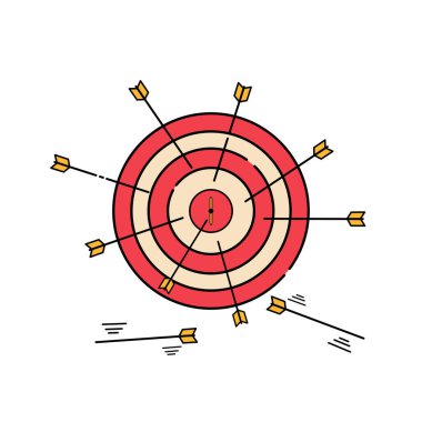 Hedef vurma beyaz arkaplanda izole edilmiş bir simge. Düz çizgi film tasarımında vektör illüstrasyonu. 
