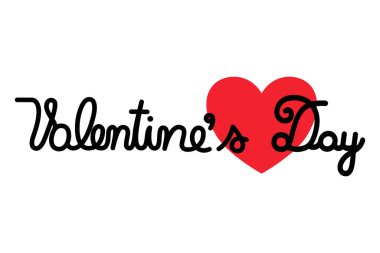 Sevgililer Günü kavramı. Kırmızı kalpli el yazısı kaligrafi metni olan tipografi posteri. Beyaz arka planda izole edilmiş. Düz tasarımda vektör illüstrasyonu. 