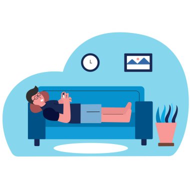 Adam kanepede oyun ya da cep telefonu oynuyor. Çizgi film tasarımında vektör çizimi. İç hayat kavramı. Evde dinlenme zamanı. Boş zaman. 