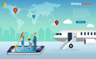 Akıllı telefon ekranında bavul taşıyan aile ve çocuk dünya haritası ve iğne ucu geçmişi olan bir uçakla denizaşırı seyahat ediyorlar.. 
