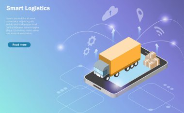 Isometric global akıllı lojistik. Sanal dağıtım simgeleriyle dolu akıllı telefondan kamyon ve karton kutular. Lojistik ve tedarik zinciri dağılımı