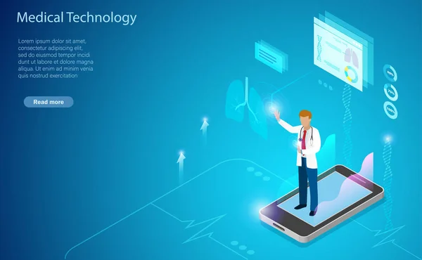 在线医生从虚拟智能手机屏幕诊断医学数据 虚拟医院理念 医疗和医疗理念创新技术 — 图库矢量图片