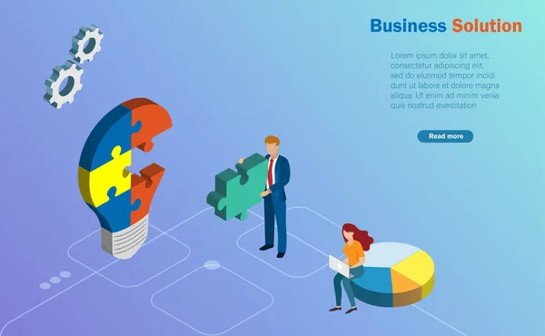Geschäftsmann Verbindet Puzzles Fehlende Teile Glühbirnenform Isometrische Sicht Inspiration Problemlösung — Stockvektor