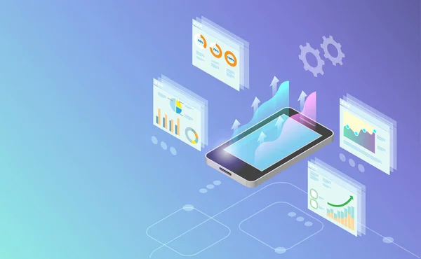 Isométrico Virtual Análisis Gráficos Negocios Gráficos Pantalla Visualización Teléfonos Inteligentes — Archivo Imágenes Vectoriales