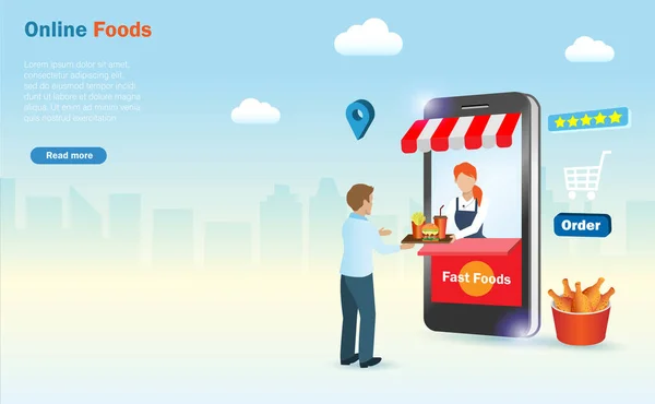 Sklep Fast Food Smartfonie Koncepcja Dostarczania Żywności Online Mężczyzna Online — Wektor stockowy