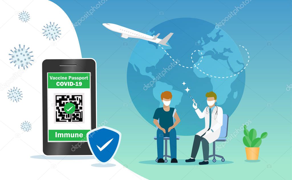 Covid-19 vaccine passport on smartphone with QR code immune certified  for traveling abroad. Doctor holding syringe injecting vaccine to young man with world map and airplane background.