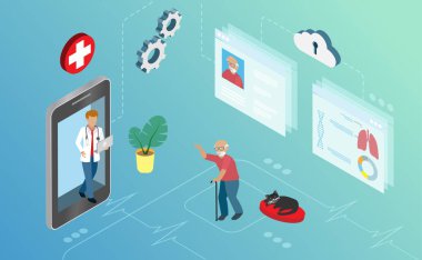 Sanal çevrimiçi doktor. Akıllı telefon teşhisi konan yaşlı bir doktor tıbbi kayıtları kullanıyor.. 