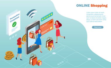 Kadınlar satışta online alışveriş yapmayı ve akıllı telefonlarda kredi kartıyla indirimli promosyon yapmayı severler. İzometrik görünüm.