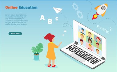 Çocuk evde internetten ders çalışıyor, sınıf arkadaşıyla uzaktan video üzerinden e-öğreniyor, bilgisayardaki internet konferansı yapıyor..