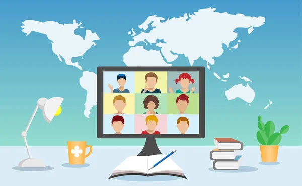 Bambini Casa Studiare Online Learning Con Compagni Classe Altri Paesi — Vettoriale Stock