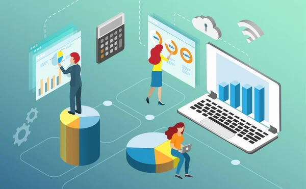 Isometrisk Vektor Affärsman Och Kvinna Som Analyserar Affärstillväxt Och Vinst — Stock vektor