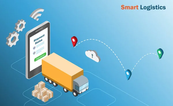 Logistica Intelligente Globale Isometrica Stato Tracciamento Della Spedizione Online Smartphone — Vettoriale Stock