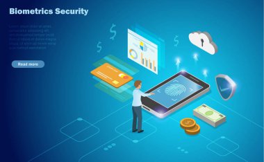 Biyometrik güvenlik, adam akıllı telefondaki parmak izi taramasını kullanarak finansal verilere ve kredi kartı ödemelerine erişiyor. Dijital çevrimiçi teknoloji kavramında yenilik güvenliği.