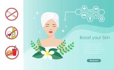 Cildinizi, dermatolojinizi, kozmetoloji konseptinizi geliştirin. Sigarayı, alkolü ve fast food 'u bıraktığında yüzü parlayan havluyla güzel bir kadın.. 