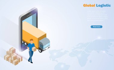 Isometric global online lojistik. Akıllı telefon ekranından gelen adam ve kamyon dünya haritası geçmişi olan müşterilere teslimat yapıyor. Lojistik ve ulaşım teknolojisi kavramı.