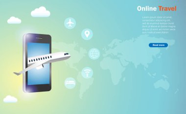 Çevrimiçi seyahat, havacılık endüstrisi ve ulaşım teknolojisi konsepti. Uçak gezici simgeler ve dünya haritası arka planıyla gezici ekranı delip geçer.