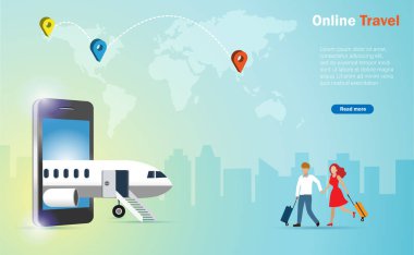 Çevrimiçi seyahat, ulaşım teknolojisi kavramı. Akıllı telefon ekranından bir uçak, çift, erkek ve kadın valiz taşıyorlar dünya haritası ve iğne uçlu arka plan ile seyahat ediyorlar. 
