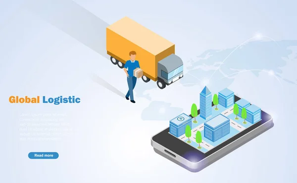 Logistique Ligne Mondiale Isométrique Homme Camion Écran Téléphone Intelligent Expédition — Image vectorielle