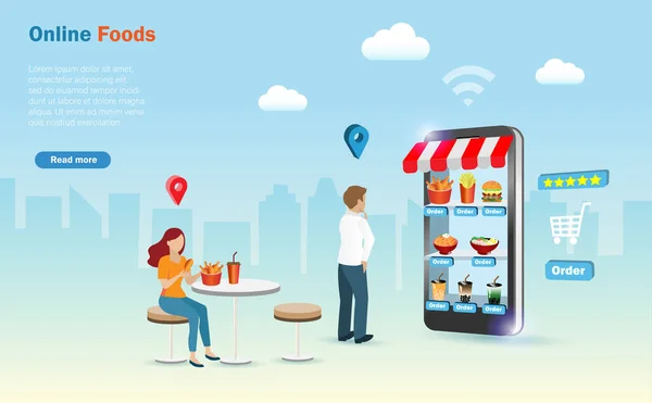 オンライン注文スマートフォン食品配送アプリケーション上のファーストフード 携帯の画面で食べ物を選ぶ男 人々のライフスタイル 電子商取引 ランディングページ ウェブページ テンプレートデザイン — ストックベクタ