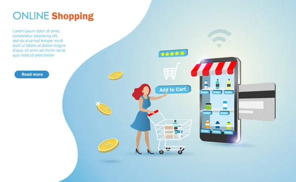 クレジットカード決済でモバイルアプリケーションからショッピングカートオンラインショッピングを持つ女性 — ストックベクタ